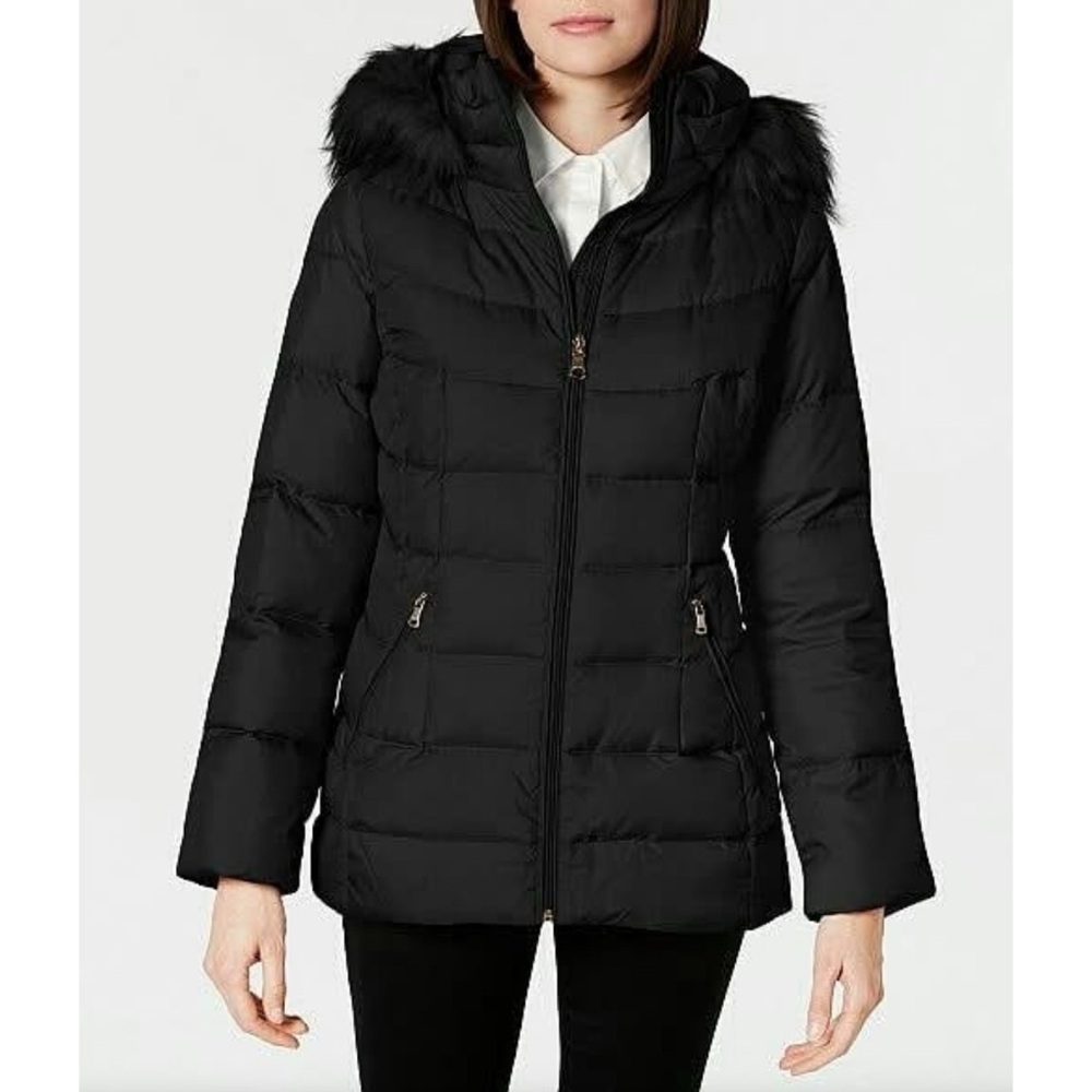 Calvin Klein Black Quilted Puffer Jacket with Faux-Fur Trimmed Hood